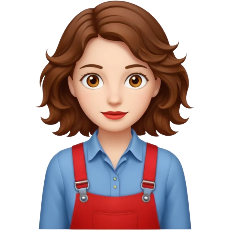 Woman with wavy brown hair and hazel eyes wearing red trouser braces. emoji