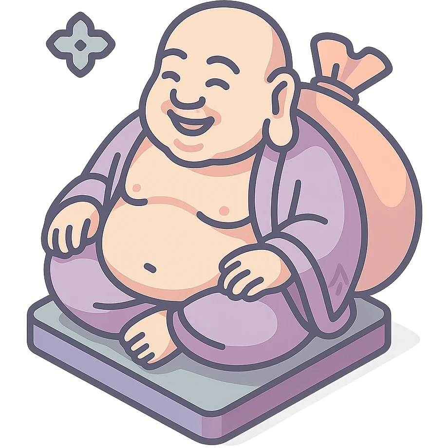 Hotei (Buddha of happiness), 2D isometric style, clean lines, sharper angles, high detail, pronounced shadows and highlights, minimalist eastern accent, pastel palette #98B5BC, #B5B3C1, #C9A3C9, #E4C0CA, #F7DCD1, #F7C0AA, transparent background emoji