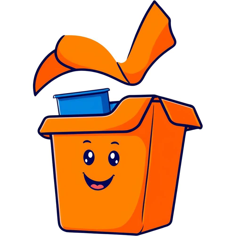cartoon blue bin with a happy face, waving emoji