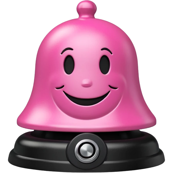 pink call bell with black base and silver push knob on top and with smiley face on it emoji