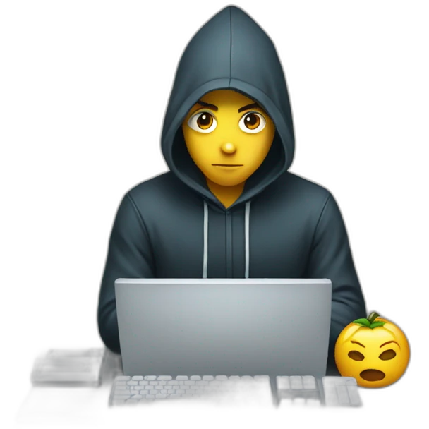 Young man with a hood behind his computer and focus on his code  emoji