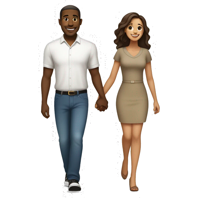 A black man  with medium short hair and a Latina woman with  long brown hair holding hands and walking side by side, smiling and enjoying their time together emoji