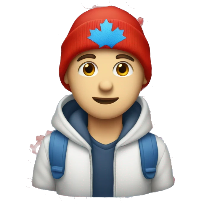 a white boy wearing a red and blue beanie with heart on his eyes emoji