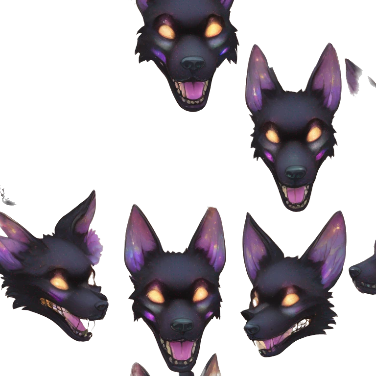 Black iridescent fluffy dog fox head skull zombie skull skeleton gold mechanical steampunk raven wings nebula galaxy stars colorful flowers fairy lights vintage emoji