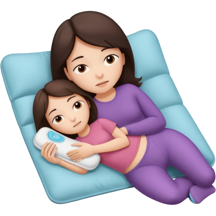  a brunette girl lying down on her side, holding a warm heating pad against her lower belly. She's uncomfortable and sad, her posture should show she’s having menstrual cramps. Use simple lines, rounded shapes, soft colors, and a clean emoji aesthetic. Make it expressive but still adorable emoji