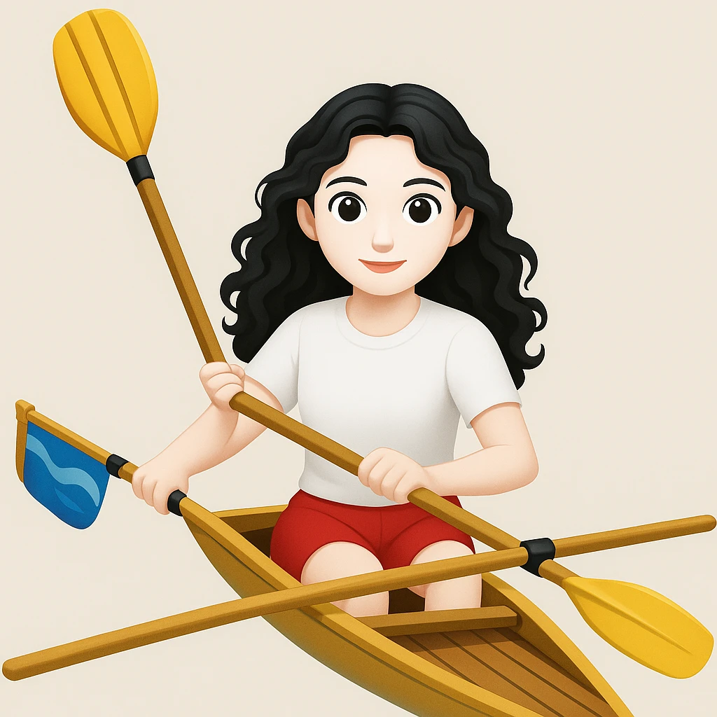 Kızın tenini daha beyaz yap, siyah uzun dalgalı saçlı, kırmızı şort ve beyaz kısa kollu tişörtle olimpik kürek sporu yapıyor emoji