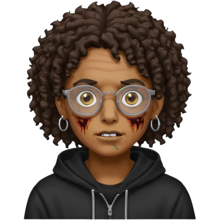 Chico moreno zombie, con gafas y sudadera negra, dos aretes en la oreja izquierda y dos en la derecha, ojeras en los ojos, pelo rizado emoji