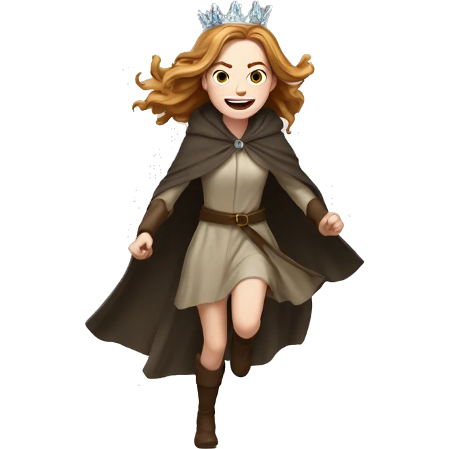 Emma Stone running, with a large stride and arms outstretched, wearing an icicle crown and winter cloak, long golden brown hair emoji