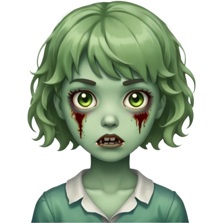 zombie girl with short wavy hair and bangs, greenish skin emoji