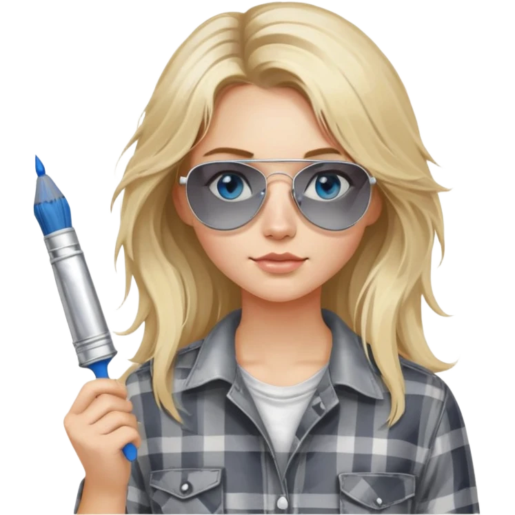 girl with long blond messy hair, wearing grey plaid shirt with blue eyes and aviator sunglasses wearing a ring on her silver necklace, holding a paint brush roller with a small bit of white paint on her face emoji