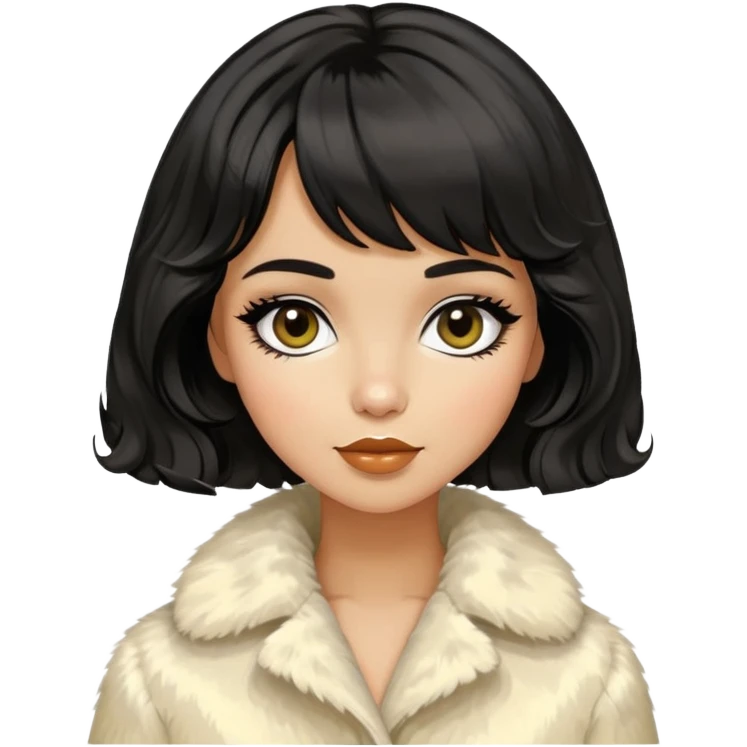 Alluring 1960's mod greek olive skin girl french shiny black wavy textured bob haircut tousled hair wearing cream fur coat emoji