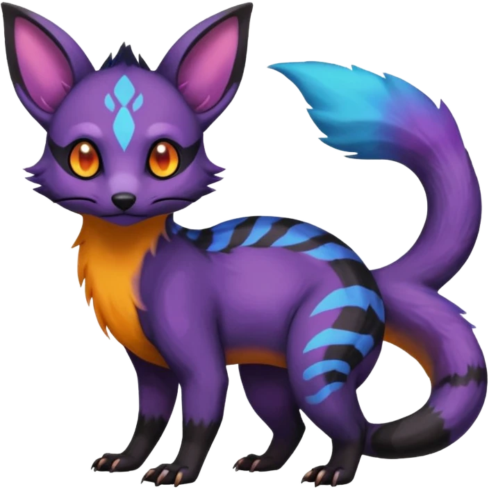 Rare exotic cute epic aesthetic gothic colorful Salandit-Eevee-Civet-species-Fakemon-hybrid-creature, with markings, full body emoji