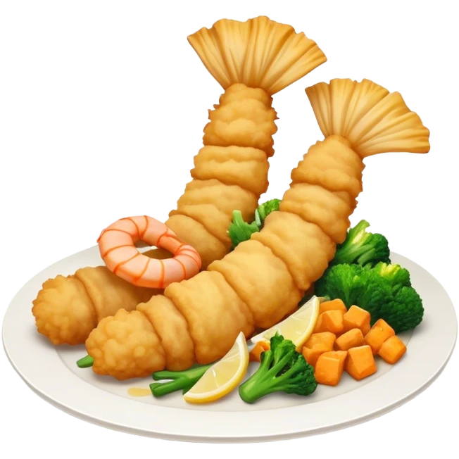 Cinematic Realistic Tempura Dish Emoji, depicted as lightly battered and fried seafood and vegetables rendered with delicate textures and crisp, inviting lighting. emoji