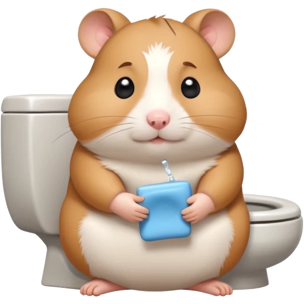 Cute chubby cartoon-style hamster sitting on toilet looking as if he had an accident, sticker-style illustration emoji