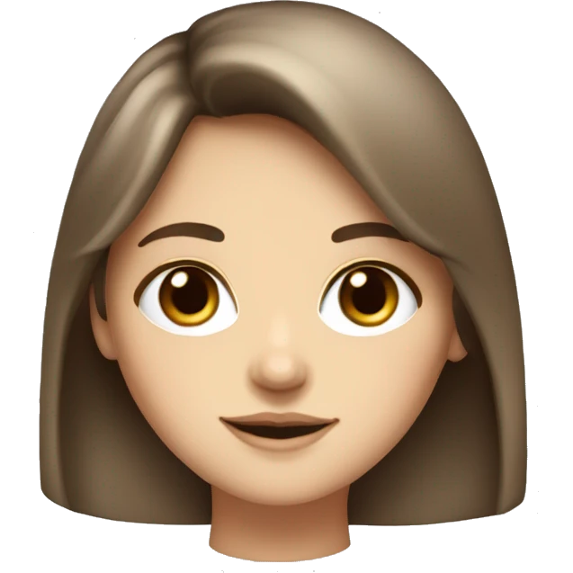White girl with long voluminous brown hair with bangs and hazel eyes emoji