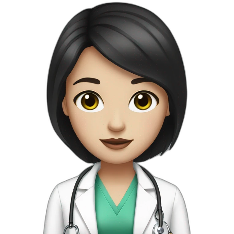 doctor, black hair, girl, white skin, straight hair, freckles, green-brown eyes, pink lips emoji