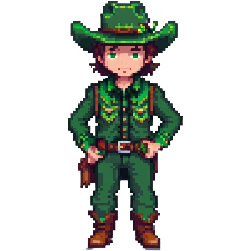 Pixel art cowboy with green outfit and green cowboy hat emoji