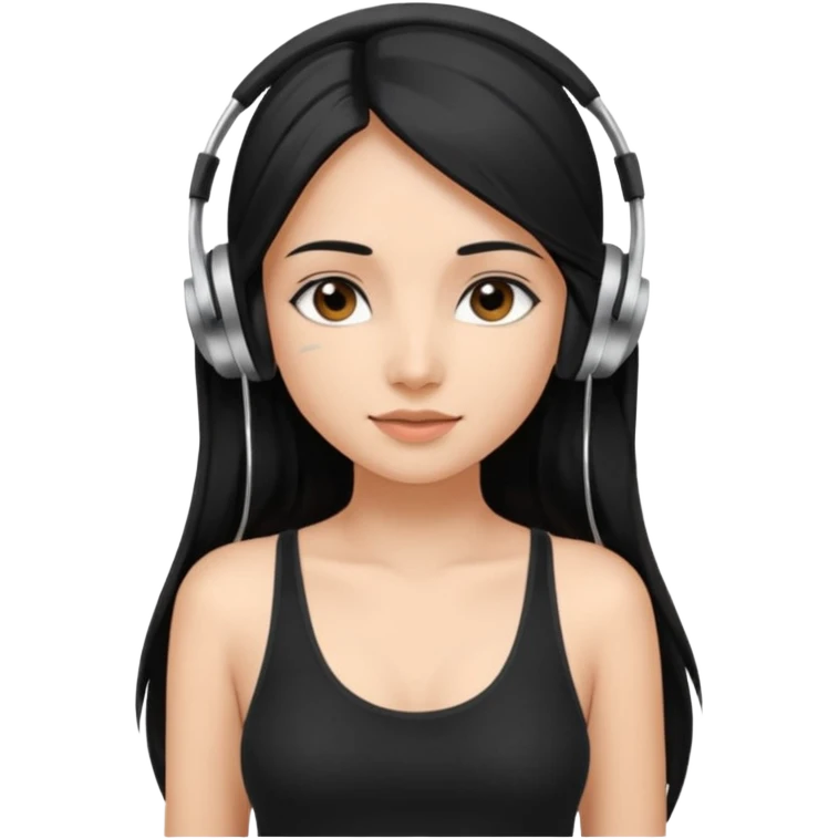 a fair INDIAN girl with straight black long hair, wearing a black cami top. and wearing silver  headphones on emoji