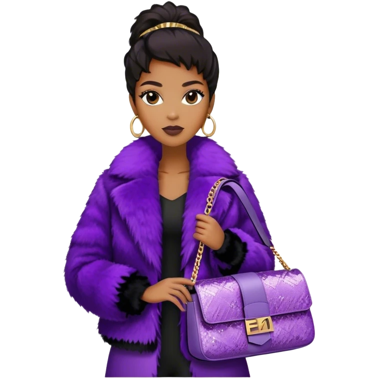 Beautiful black woman wearing a monogram Fendi jacket with a fur trim. She is carrying a purple sequined Fendi Baguette bag. I want the image close up. The jacket is not purple.  emoji
