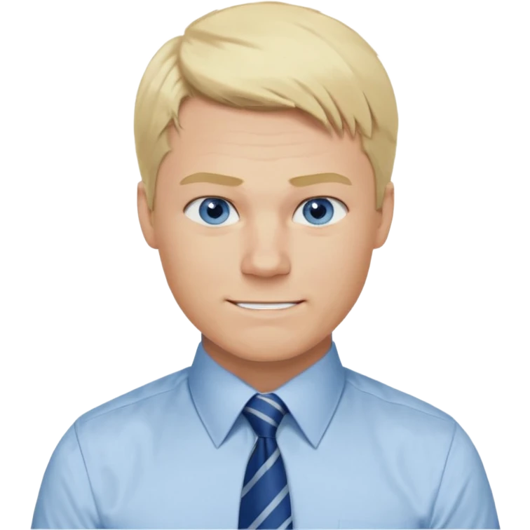 A guy with blonde hair and blue eyes that looks masculine. make him wear a shirt with a tie. he is danish. Make 4 diferent variations. in one he is smilin. in one he is angry emoji