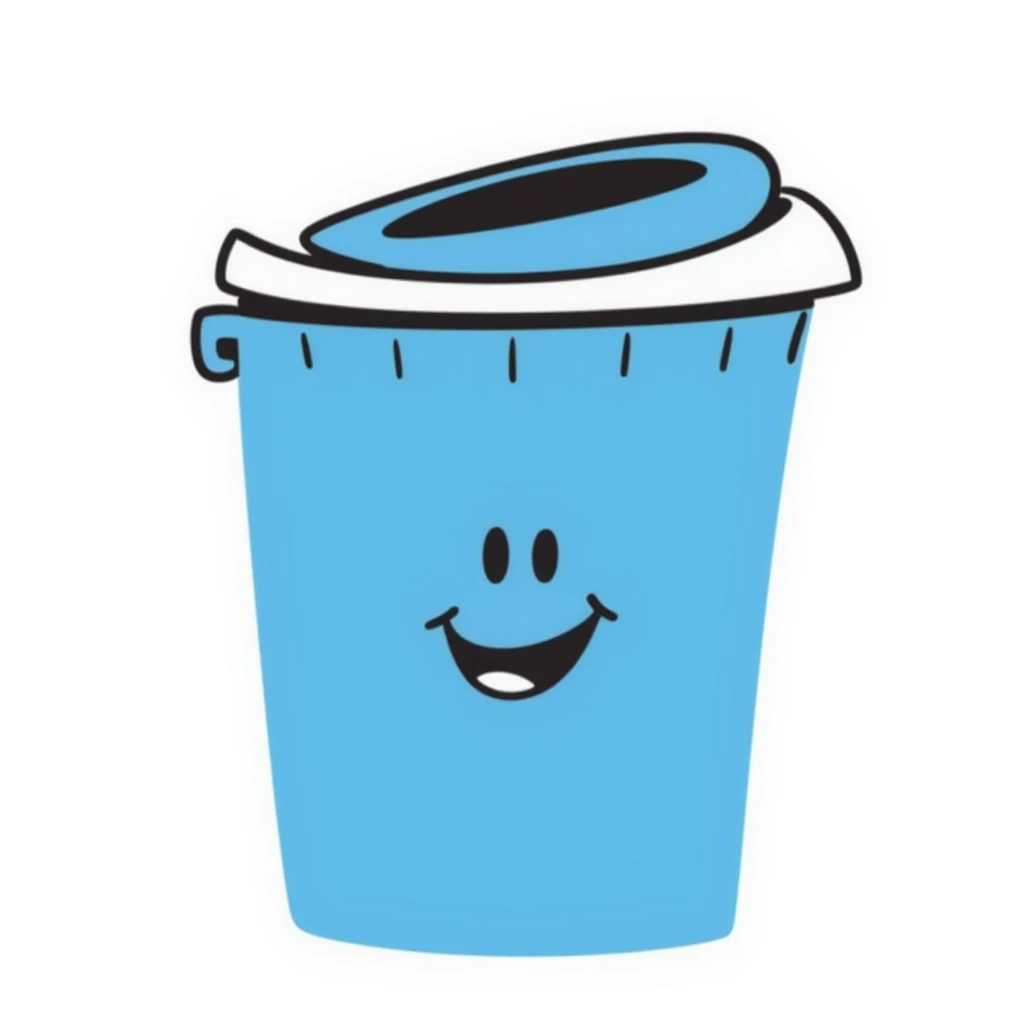 hand-drawn blue bin with a smile, waving emoji