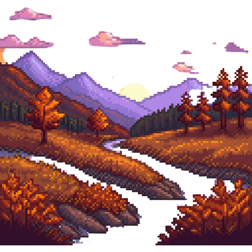 pixel art fall landscape at sunset, orange and red foliage, glowing sky emoji