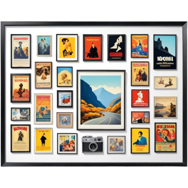 Icon for Photograph and Poster Collecting: a collection of photographs and movie posters, neatly displayed on a wall or in frames. The icon should evoke the nostalgia and artistic value of collecting rare images and posters. Transparent background. emoji