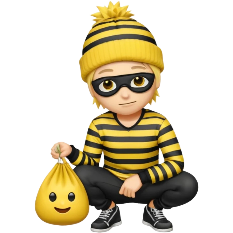An Apple style rubber emoji is wearing a black beanie and has yellow hair that is spiky but flat hanging out from under it and the robber is wearing a striped shirt and has yellow skin and black eye mask. He also has the money back over his shoulder and is sort of crouching. emoji
