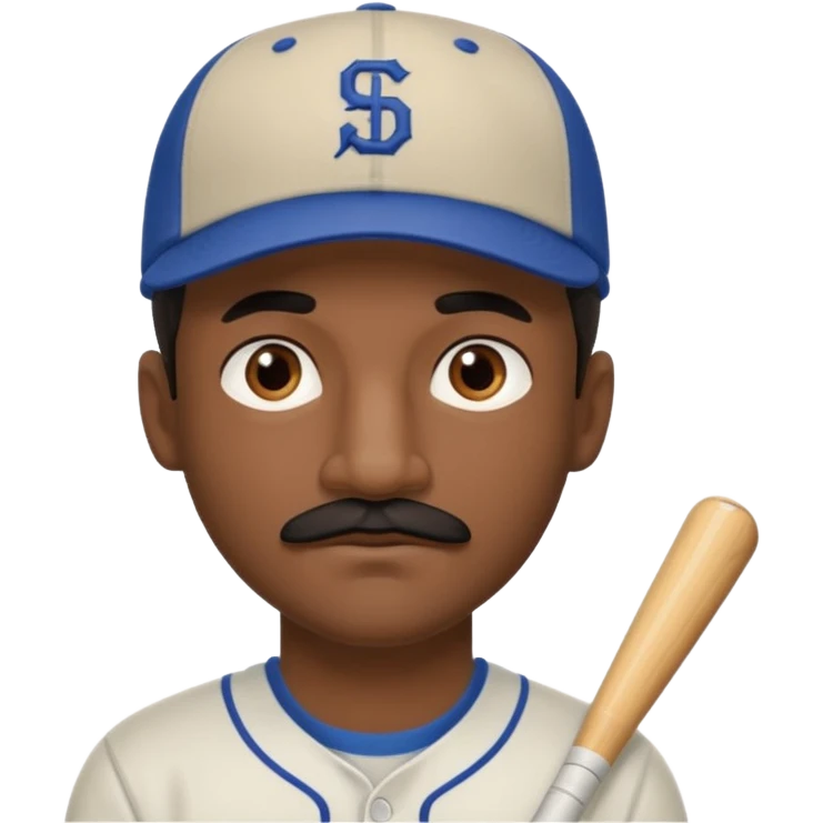 A dark-skinned man with a baseball cap, brown eyes, and a thin black mustache. emoji
