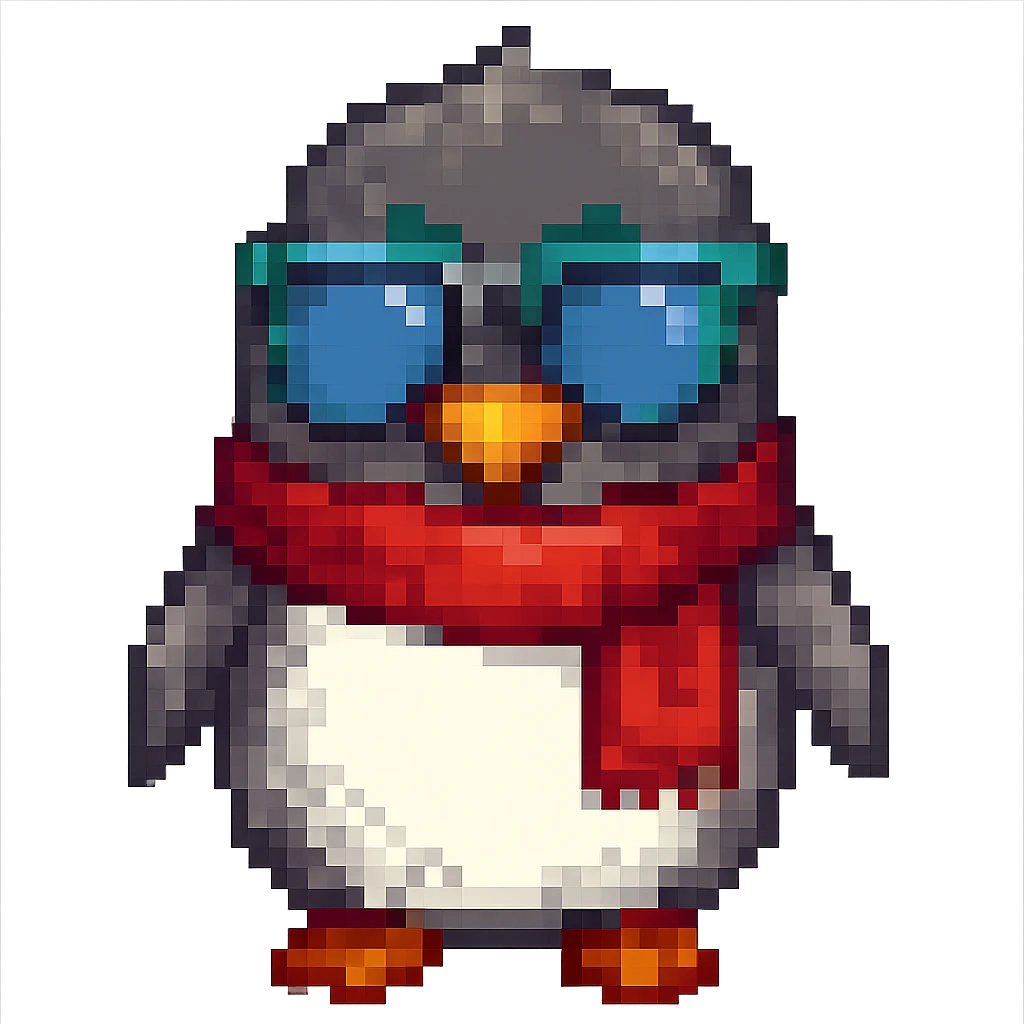 Add a red scarf to the penguin in pixel art style, with no background. Maintain the pixel art aesthetic and details. emoji
