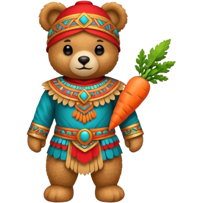 teddy bear, wearing red mayan ancient custome, with carrot half body emoji