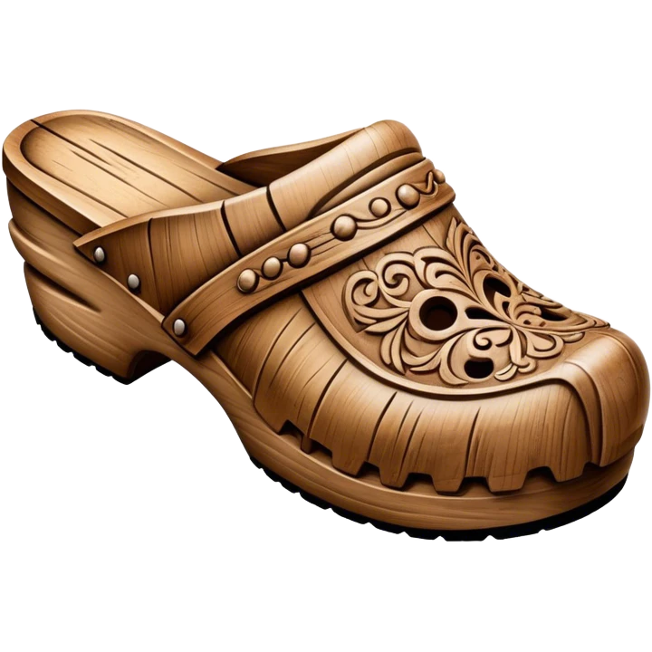 Cinematic Realistic Wooden Clogs Emoji, depicted as a pair of traditionally carved weathered wooden clogs with intricate details and rustic charm, rendered with rich textures and warm natural lighting that captures their cultural heritage. emoji