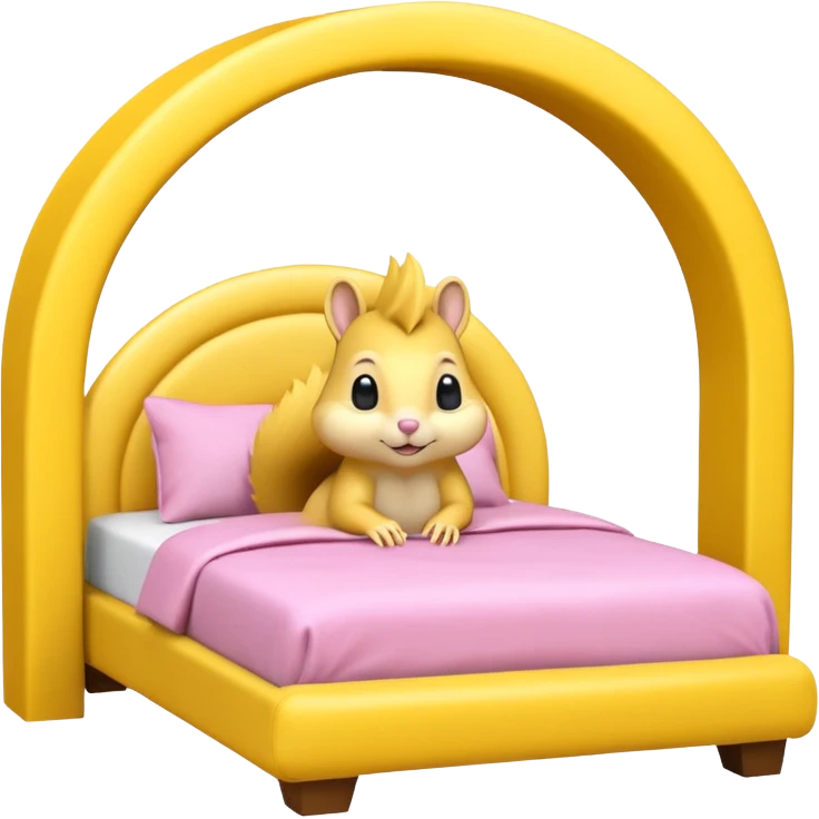 The features a bed themed as a large, cheerful, yellow squirrel. The squirrel's head forms an archway over the bed, with large black eyes, a small pink nose, and prominent white cheeks. The bed frame and arch are bright yellow with integrated yellow LED lighting running along the curves.  emoji