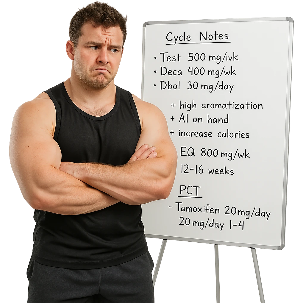 beginner bodybuilder in front of a whiteboard full of notes and dosages, swollen but undefined muscles, doubtful look, sportswear, study atmosphere, isolated on white background emoji
