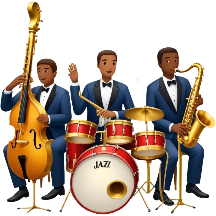 Icon for Jazz Music: The Jazz Messengers, featuring a dynamic composition with Art Blakey on drums and musicians playing saxophone, trumpet, and piano. Musical notes and a warm jazz club atmosphere emphasize the vibrant hard bop style. Transparent background. emoji