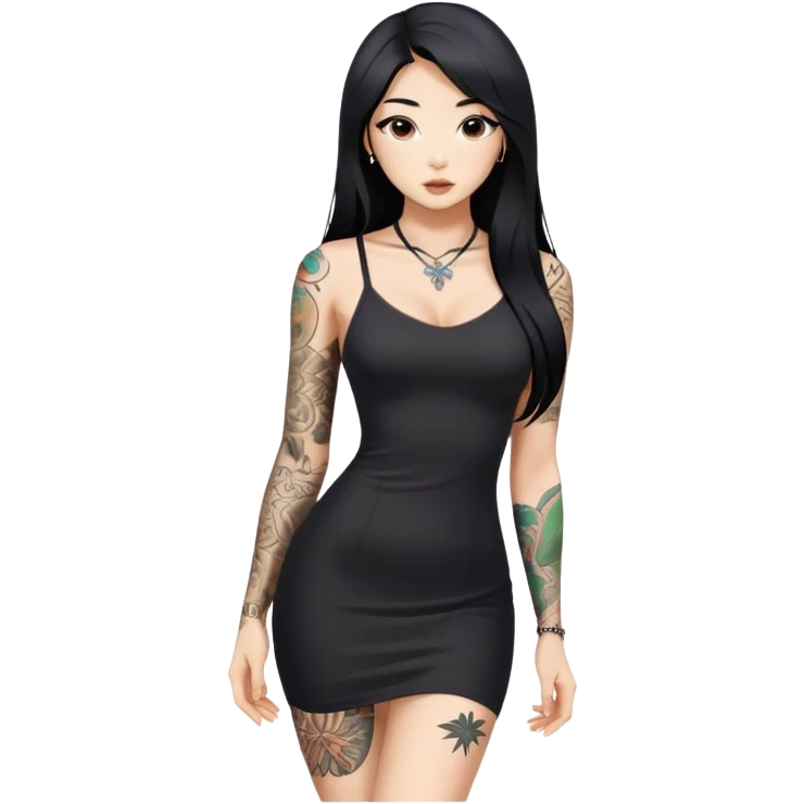 Beautiful and fit Asian girl with long black hair and body tattoos sexy pose in mini black dress sfw emoji