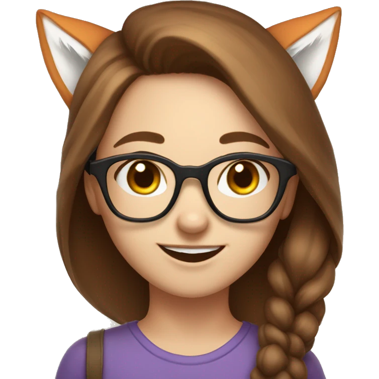 Cute, smiling, long brown haired, white skin girl with glasses and wearing fox ears emoji