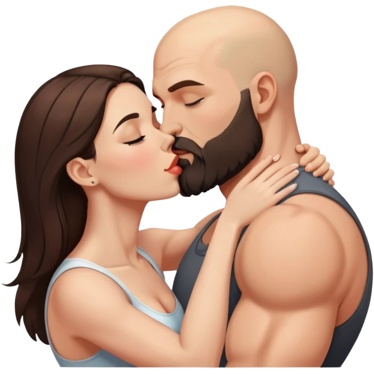 Muscular Bald man with a beard passionately kissing his young brunette wife  emoji