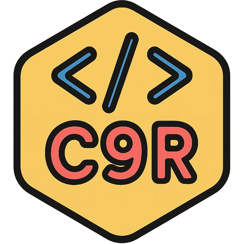 badge-style emoji with 'c9r' text symbolizing 'codeofficer' using digital coding iconography emoji