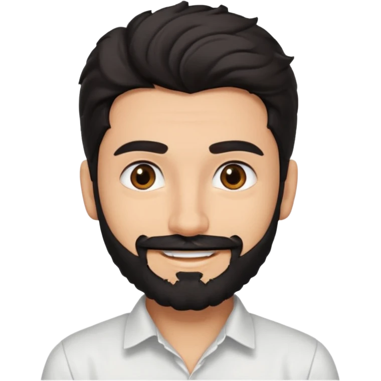 young fair skin pakistani guy smiling with black beard, wavy hair pushed back and brown eyes and thick eyebrows emoji