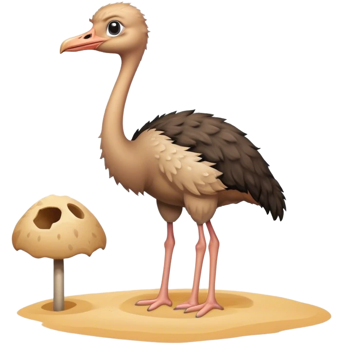 A cute cartoon male ostrich standing next to a hole in the sand. emoji