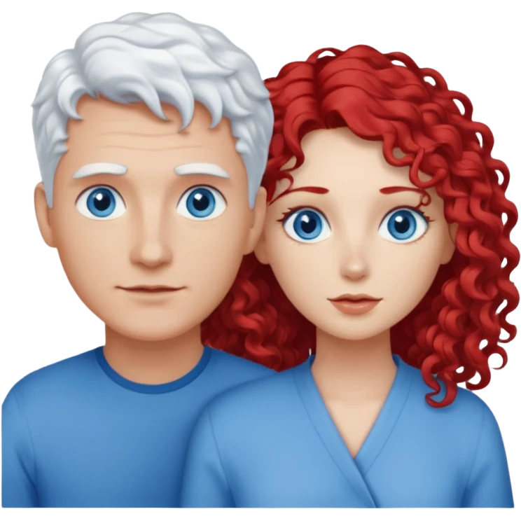 Homme cheveux blanc courts yeux bleu + femme rousse cheveux longs bouclés yeux bleu emoji