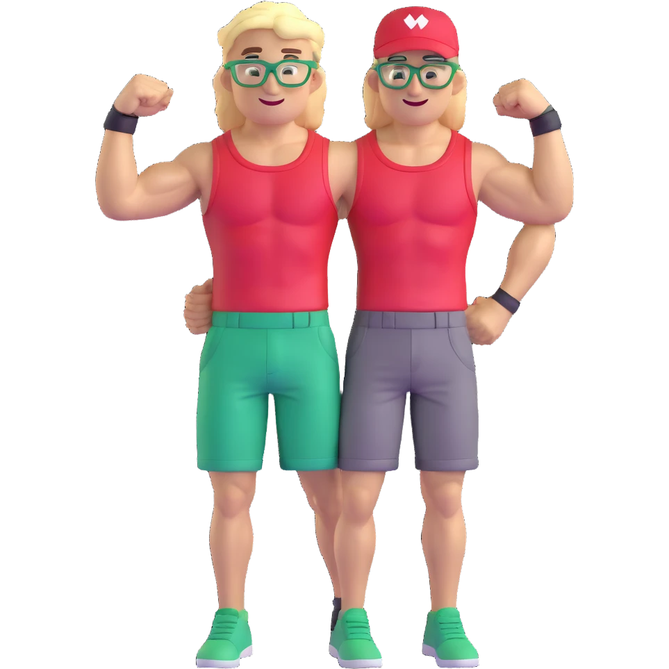 Man with black and white cap, bare muscular torso, red shorts, clear glasses, messy light blond mullet hairstyle, flexing and smiling emoji