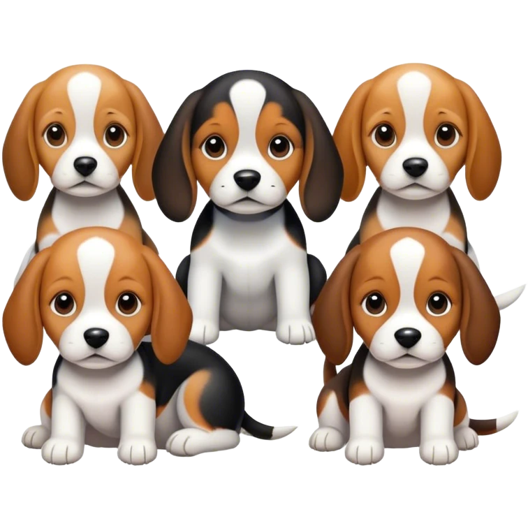 a baby beagle pup with his mom and other beagles they all have blak whie and brown fur  emoji