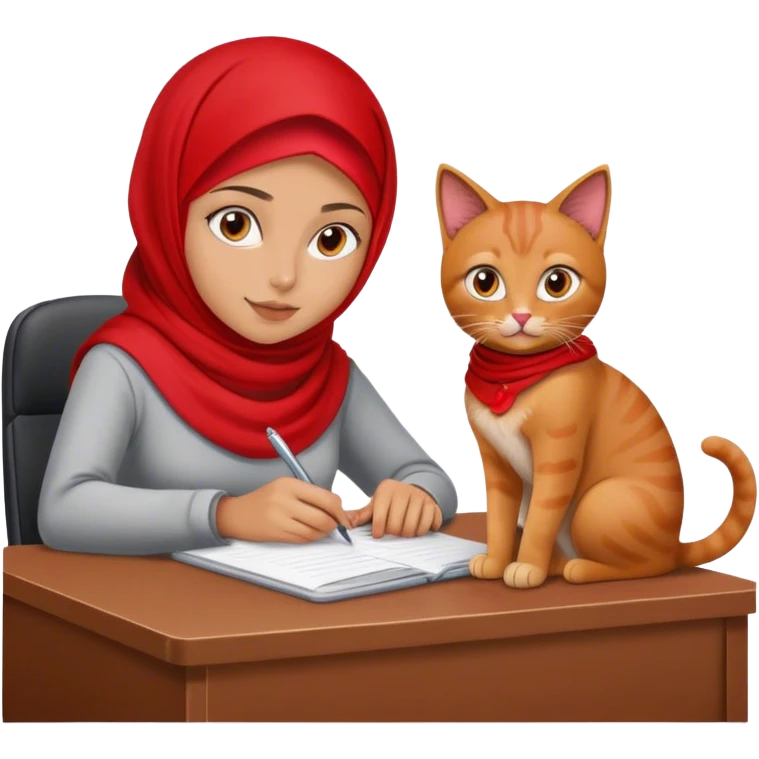 girl with red hijab and tanned skin. she's at a desk with a cat sitting on it emoji