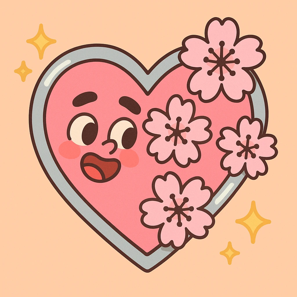 heart with sakura flowers and silver accents, pastel toon style emoji
