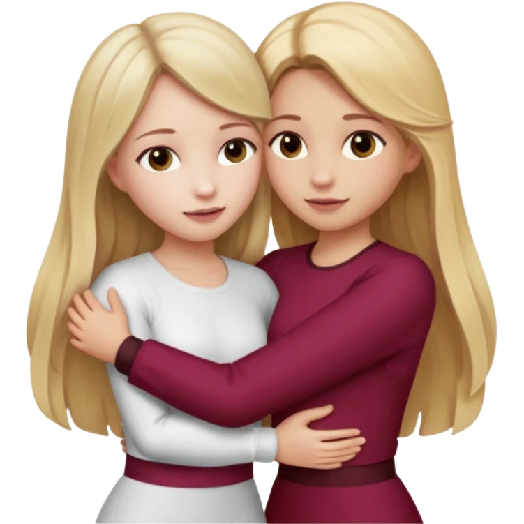 two girls who hug eachother. one has long dark blonde hair with blonde highlights and very pale skin , other has medium skintone and blush and medium blonde hair. girl with long dark blonde hair is wearing a white outfit and girl with blonde hair is wearing a burgundy outfit emoji