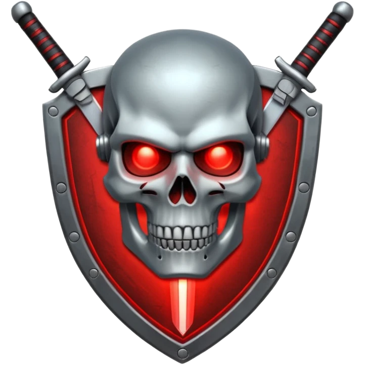 Sci-fi shield badge, terminator style skull, glowing red eyes, crossed futuristic sword energy, starwars light sable, no background emoji