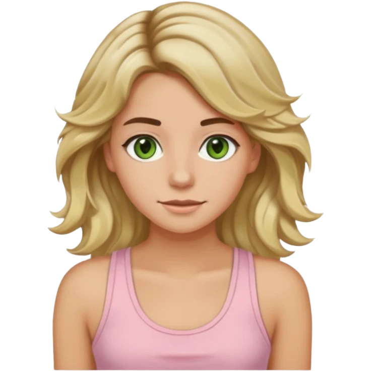 ca you make her hair a 20-year-old girl with long wavy hair brown roots blonde highlights green eyes brown eyebrows good summer tan iPhone emoji style with light pink tank top can you make her hair a little longer please emoji