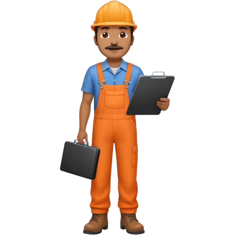 Indian male railway engineer orange overalls, boots holding a clipboard back view emoji